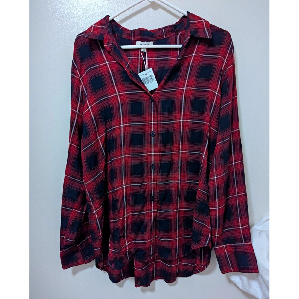 MAX STUDIO Men's Red Black Plaid Point Collar Long Sleeve Button-Up Shirt L